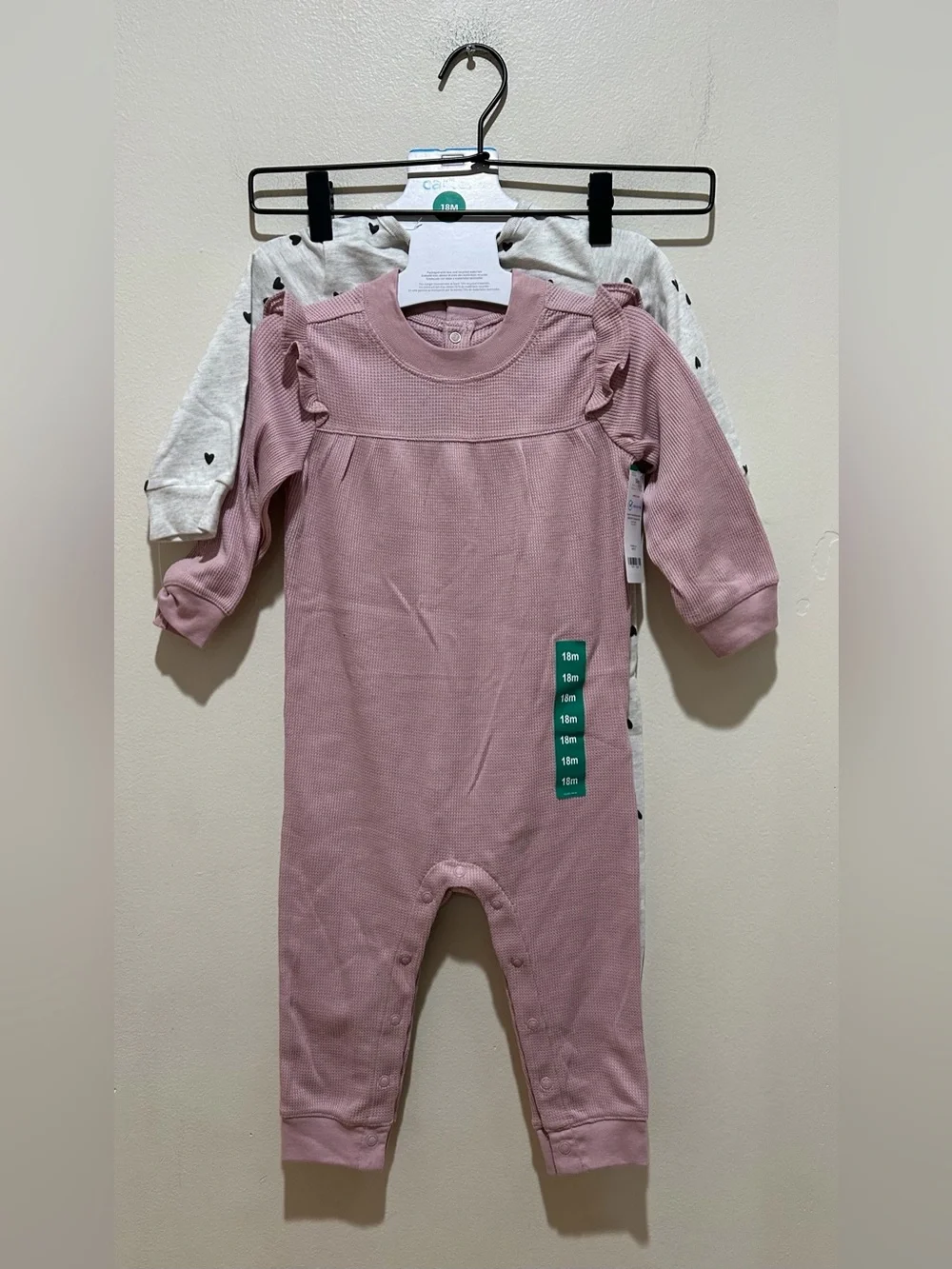 NWT Carter’s 2-pack Pink & Grey Hearts Pants Rompers - Baby Girl Size 18 Month